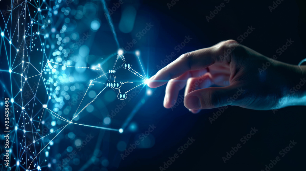 Poster a hand pointing at a network of lines. concept of technology and the interconnectedness of the world