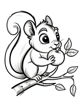 Adorable Squirrel on a Branch in Black and White Sketch