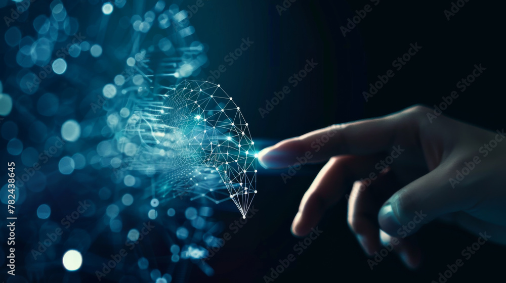 Poster a hand pointing at a network of lines. concept of technology and the interconnectedness of the world