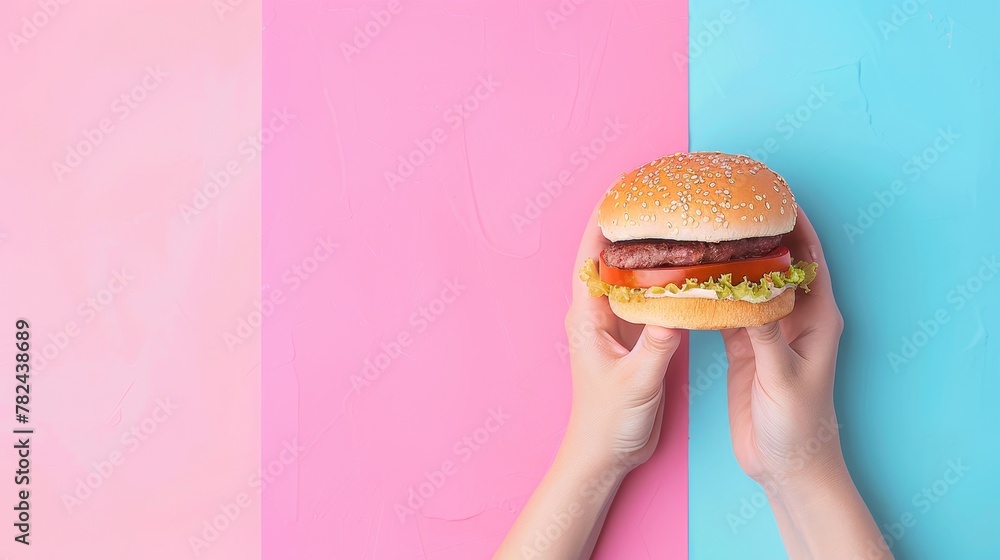Aufkleber hands holding burger on soft colored backdrop with ample space for text placement