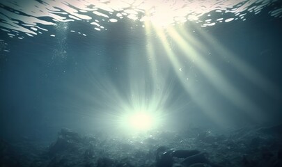 Ethereal Underwater Dreamscape: Soft Sun Rays in Ocean Depths Generative AI - obrazy, fototapety, plakaty