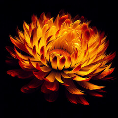 Naklejka na ściany i meble A fiery orange and yellow flower with a dark background, resembling a flame