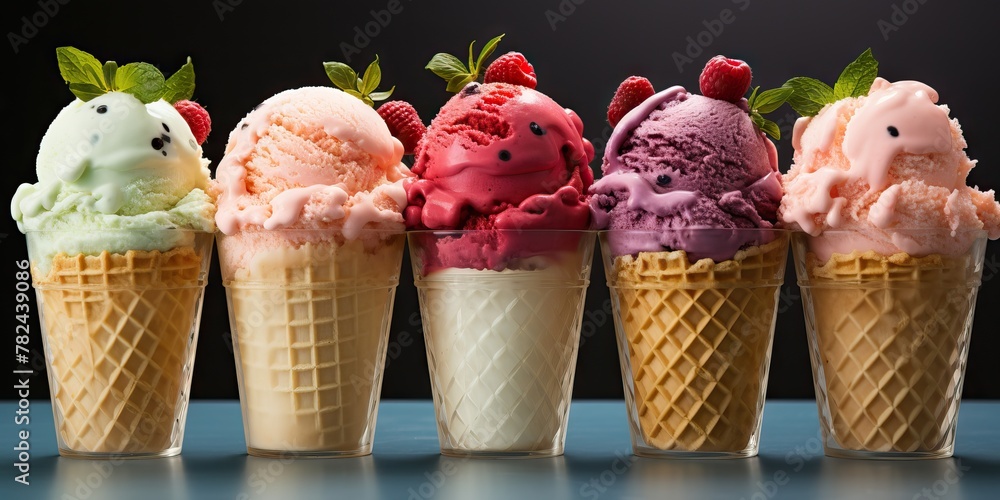 Poster Colorful Array of Ice Cream Flavors in Cones Generative AI