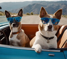In a cheerful and carefree atmosphere, two dogs with sunglasses in a convertible car ready for summer vacation (