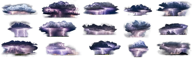 Set of 25 intense and dramatic lightning storm photos isolated on transparent alpha background....