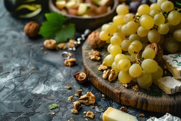Obraz na płótnie Canvas Assortment of grapes and cheese on a rustic cutting board