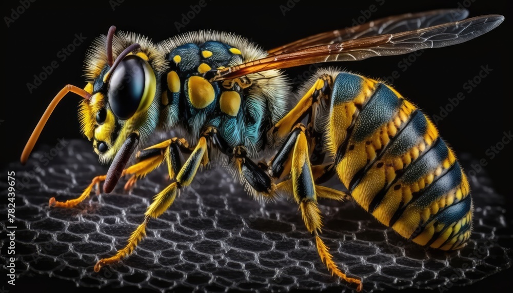 Poster close-up of an isolated wasp against a black background generative ai