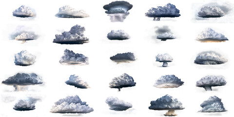 Assortment of 25 storm cloud photos isolated on transparent alpha background. Realistic graphic...