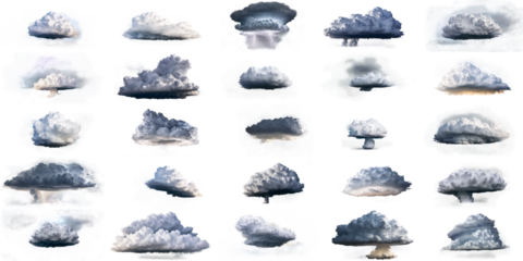 Assortment of 25 storm cloud photos isolated on transparent alpha background. Realistic graphic resources for dramatic designs