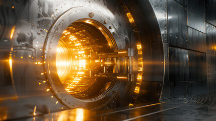 Open silver bank vault with golden light peeking from inside.