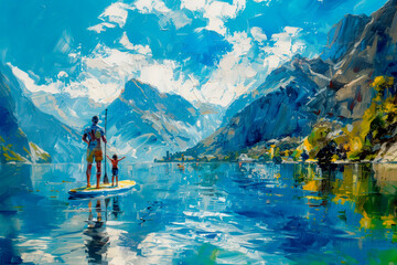 Paint art of Man with son stands on SUP paddle board on mountains, rocks background. AI generative - 782439671