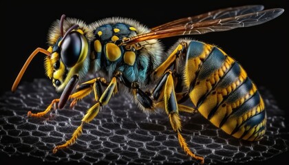 Close-up of an Isolated Wasp Against a Black Background Generative AI