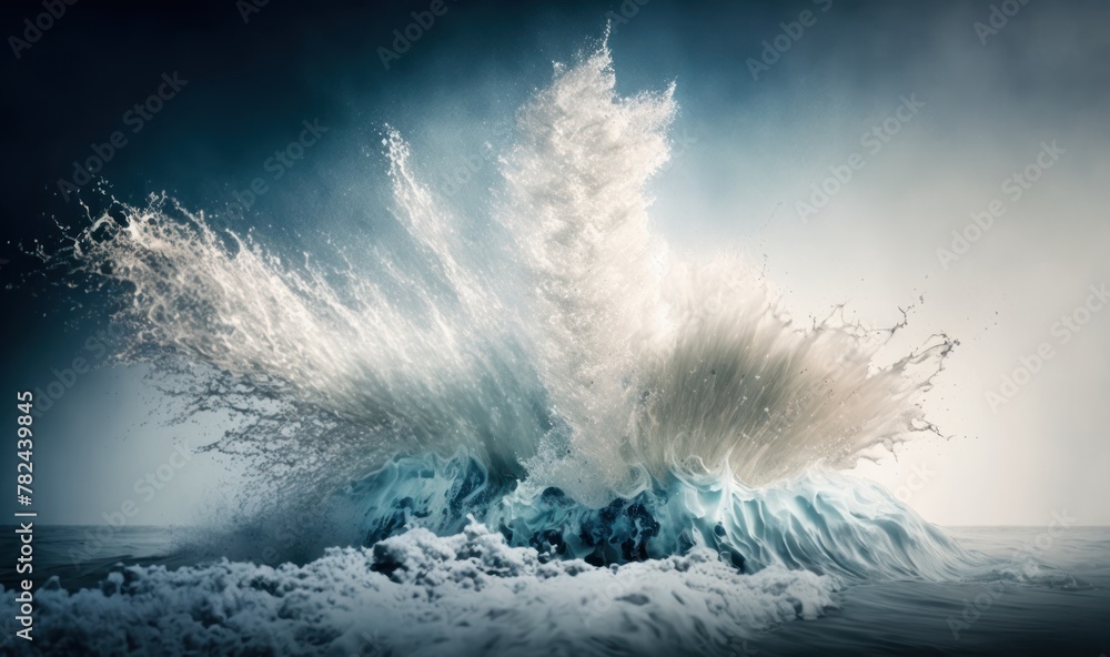 Poster ethereal waves crashing with soft dreamy mist generative ai