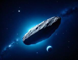 Obraz premium Asteroid flying against the background of the starry sky, close-up.