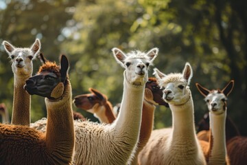 A herd of curious alpacas with different fur colors looking towards the camera outdoors. Group of Alpacas in Natural Setting - obrazy, fototapety, plakaty