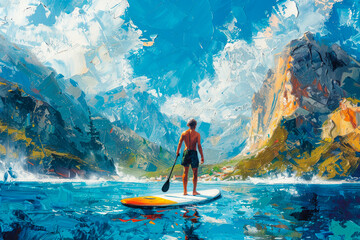 Paint art of Man stands on sup paddle board on mountains background. AI generative - 782440053