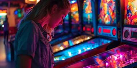 Young woman playing pinball in a vibrant arcade room. Leisure and entertainment concept in a lively gaming environment.