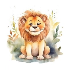 Whimsical Watercolor Illustration of a Happy Plump Lion Generative AI