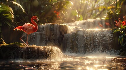 A flamingo wades in the water near a waterfall