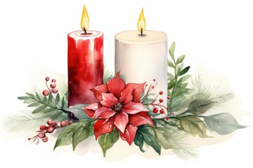 Obraz na płótnie Canvas Watercolor Christmas Candle Illustration Generative AI