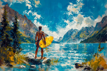 Paint art of Man stands on sup paddle board on mountains background. AI generative - 782440267