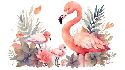 Whimsical Watercolor Illustration of Mother Flamingo and Baby with Hippo Generative AI