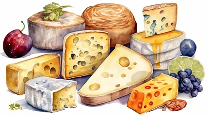 Fotobehang Watercolor Illustration of Assorted Cheese Varieties Generative AI © AlexandraRooss