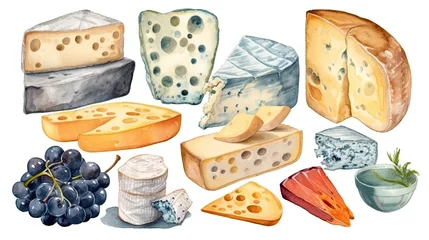 Foto op Plexiglas Watercolor Painting of Assorted Cheese Varieties with Milk Generative AI © AlexandraRooss