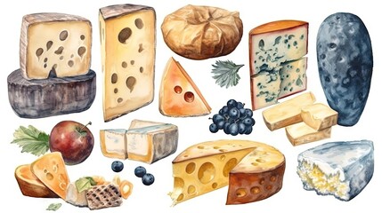 Watercolor Painting of Assorted Cheese Varieties with Milk Generative AI