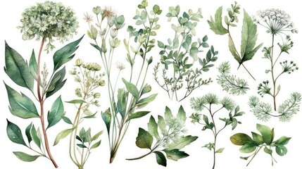Obraz na płótnie Canvas Hand-Painted Watercolor Floral Set of Forest Herbs and Greenery Generative AI