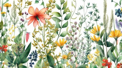 Fototapeta na wymiar Vibrant Watercolor Wildflowers in Seamless Nature Pattern Generative AI