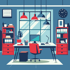 A neat and organized home office space is depicted in a blue and red color scheme, featuring a desk with a computer, books, and a lamp