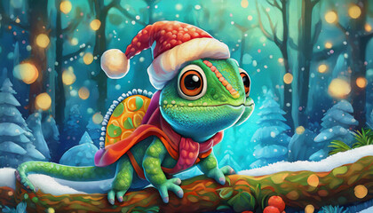 oil painting style CARTOON CHARACTER CUTE baby chameleon in a red Santa Claus hat on a blue background