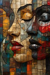 An abstract mosaic art image featuring human faces in a multicolored pattern