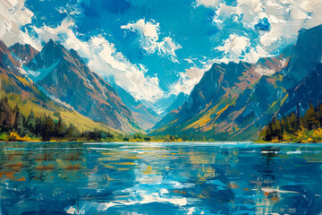 paint art of landscape with water and mountains. AI generative - 782441266