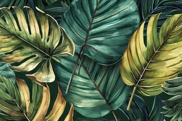 Vibrant Tropical Palm Leaves Seamless Watercolor Pattern Generative AI