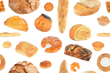 Seamless pattern of delicious products made from different types of flour isolated on white