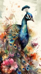 Vibrant Watercolor Peacock Chick Amidst Blooming Meadow Generative AI