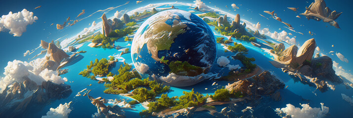 It is a concept that expresses the beauty and richness of the earth from the perspective of sustainable science. Surrounded by blue water, trees and clouds, it symbolizes a sustainable global environm - obrazy, fototapety, plakaty