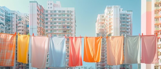 Laundry lines drape with vivid laundry hanging to dry, against a stark urban apartment backdrop, adding a splash of life and color to the cityscape.