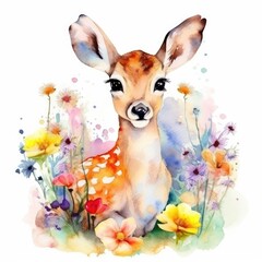 Whimsical Watercolor Reindeer in Blooming Meadow Generative AI