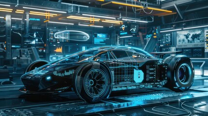 Fototapeta premium Modern futuristic car under construction wide banner with info datum created with Generative AI