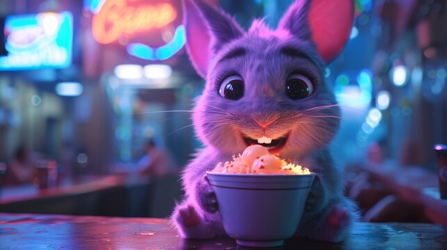   A rabbit enjoys popcorn from a bowl in The Nutty movie scene