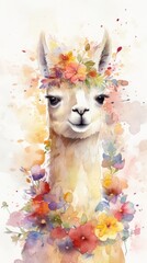 Obraz premium Delightful Baby Llama Amidst Vibrant Flower Field, Watercolor Art Generative AI