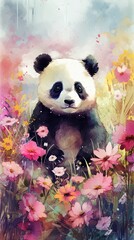 Delightful Baby Panda in Colorful Floral Meadow Generative AI