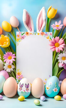 Easter card, painted eggs with floral pattern with copy space, Happy Easter greeting,