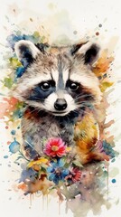 Obraz premium Enchanting Baby Raccoon in Colorful Flower Field Watercolor Generative AI