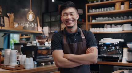 asian man barista holding tablet for checking order from customer on coffee cafe. - obrazy, fototapety, plakaty
