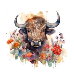 Whimsical Baby Buffalo Frolicking in Vibrant Floral Meadow Generative AI