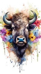 Vibrant Watercolor Artwork featuring Baby Buffalo in Floral Meadow Generative AI